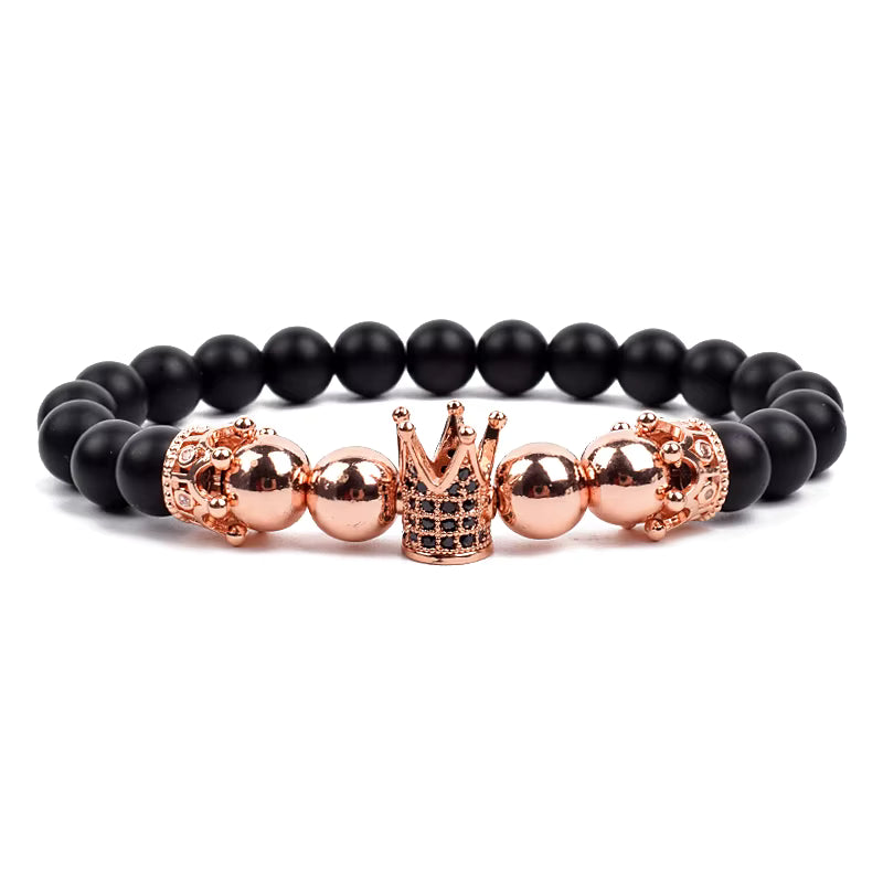 Crown Charm Beaded Bracelet Matte Black Onyx Hematite with Micro CZ