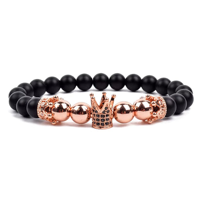 Crown Charm Beaded Bracelet Matte Black Onyx Hematite with Micro CZ
