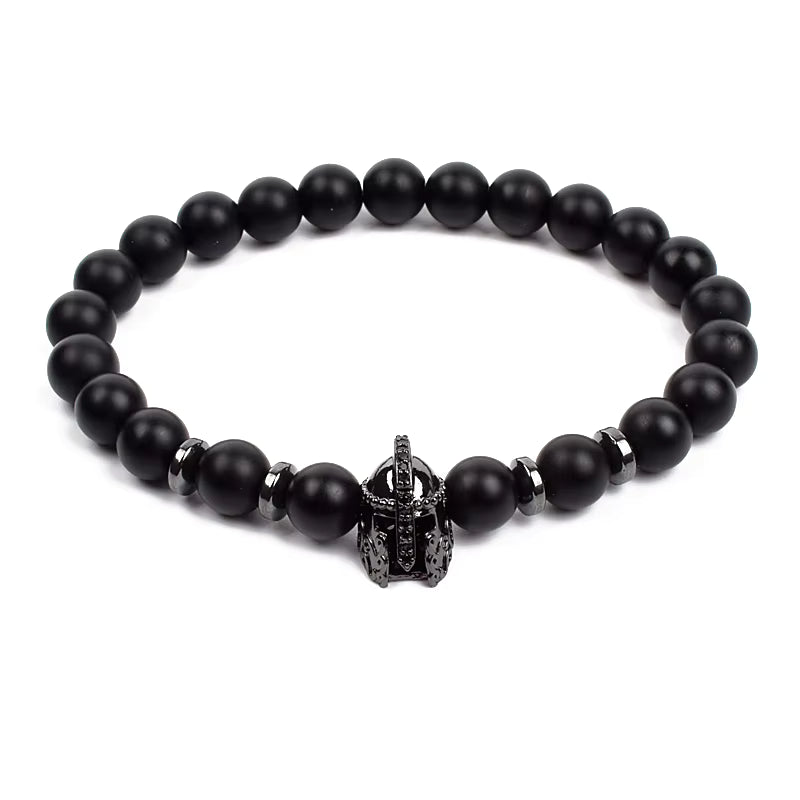 Crown Charm Beaded Bracelet Matte Black Onyx Hematite with Micro CZ