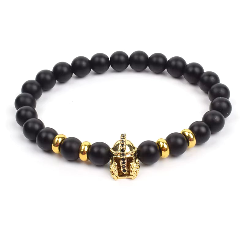 Crown Charm Beaded Bracelet Matte Black Onyx Hematite with Micro CZ