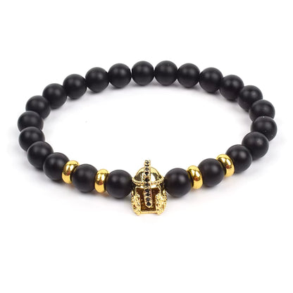 Crown Charm Beaded Bracelet Matte Black Onyx Hematite with Micro CZ