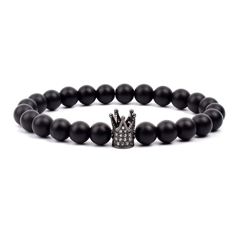 Crown Charm Beaded Bracelet Matte Black Onyx Hematite with Micro CZ