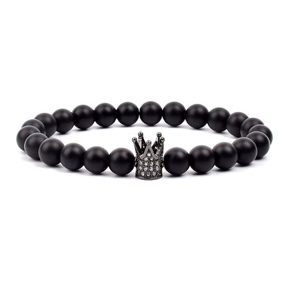Crown Charm Beaded Bracelet Matte Black Onyx Hematite with Micro CZ