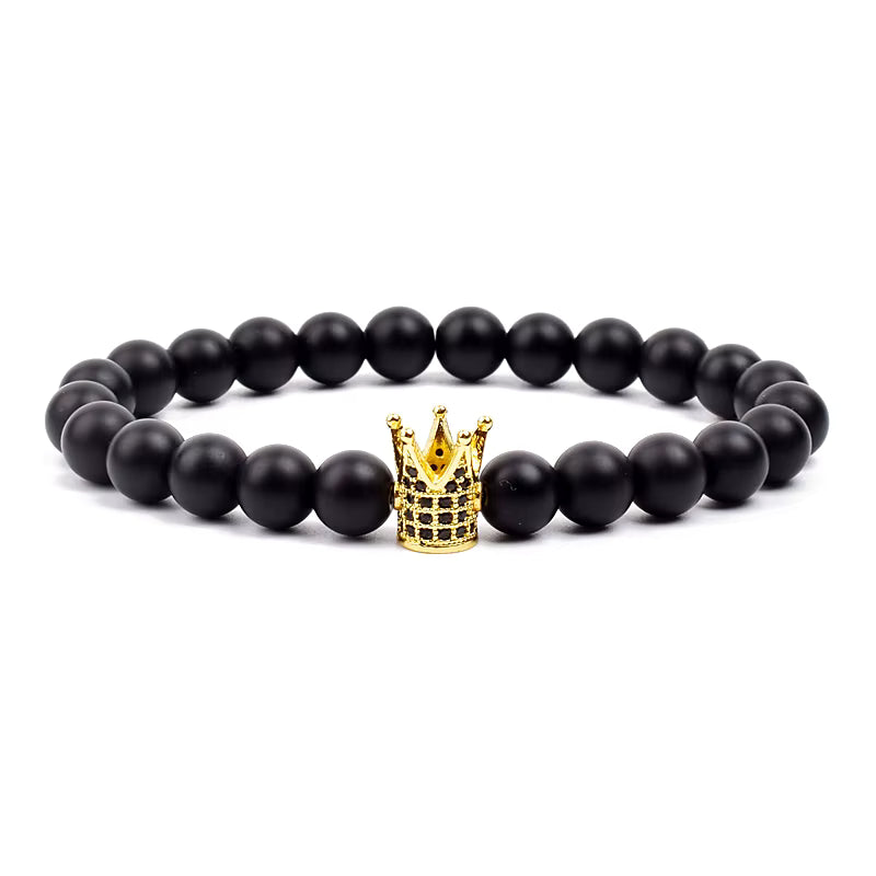 Crown Charm Beaded Bracelet Matte Black Onyx Hematite with Micro CZ