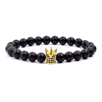 Crown Charm Beaded Bracelet Matte Black Onyx Hematite with Micro CZ