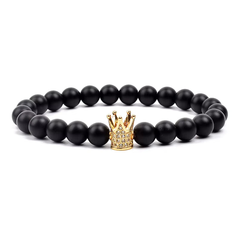 Crown Charm Beaded Bracelet Matte Black Onyx Hematite with Micro CZ