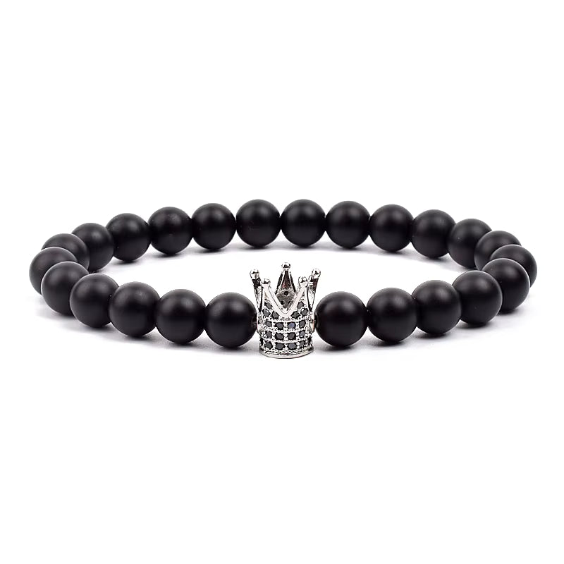 Crown Charm Beaded Bracelet Matte Black Onyx Hematite with Micro CZ