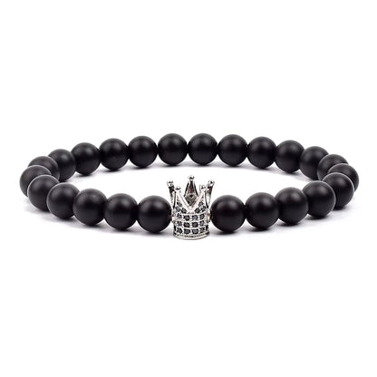 Crown Charm Beaded Bracelet Matte Black Onyx Hematite with Micro CZ