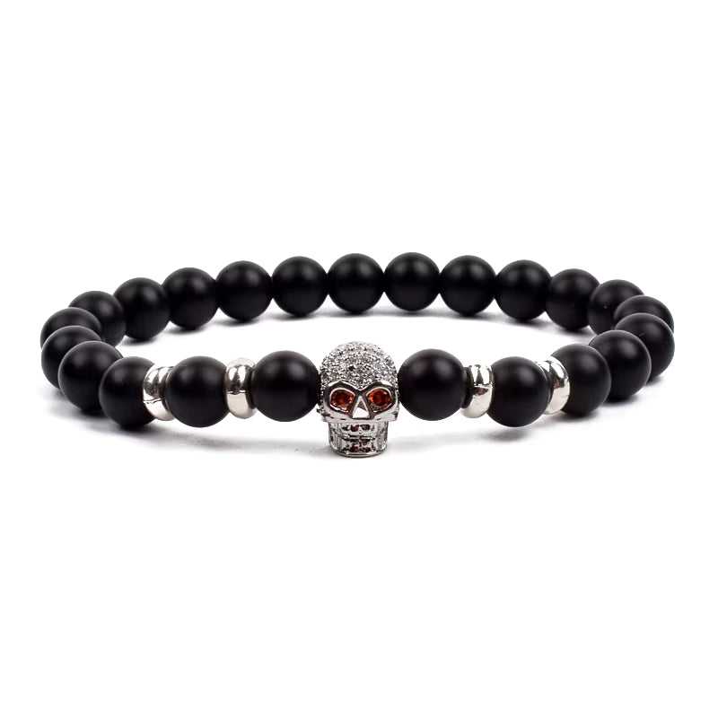 Crown Charm Beaded Bracelet Matte Black Onyx Hematite with Micro CZ