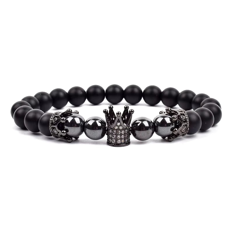 Crown Charm Beaded Bracelet Matte Black Onyx Hematite with Micro CZ