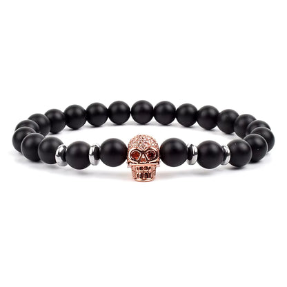 Crown Charm Beaded Bracelet Matte Black Onyx Hematite with Micro CZ