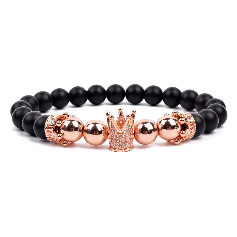 Crown Charm Beaded Bracelet Matte Black Onyx Hematite with Micro CZ