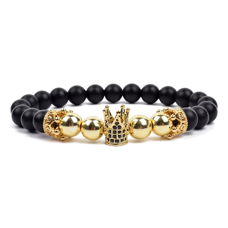 Crown Charm Beaded Bracelet Matte Black Onyx Hematite with Micro CZ