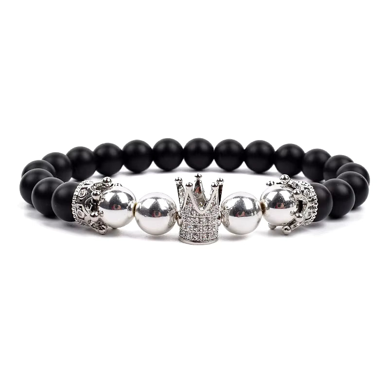 Crown Charm Beaded Bracelet Matte Black Onyx Hematite with Micro CZ