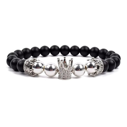 Crown Charm Beaded Bracelet Matte Black Onyx Hematite with Micro CZ