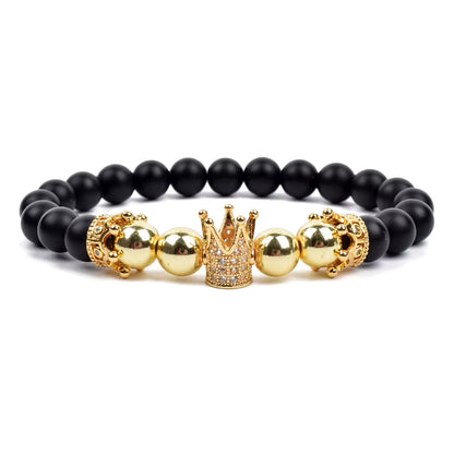 Crown Charm Beaded Bracelet Matte Black Onyx Hematite with Micro CZ