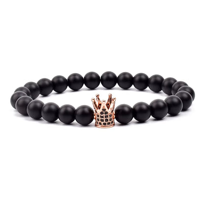 Crown Charm Beaded Bracelet Matte Black Onyx Hematite with Micro CZ