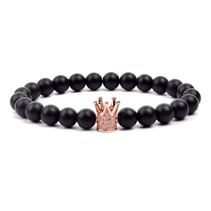 Crown Charm Beaded Bracelet Matte Black Onyx Hematite with Micro CZ