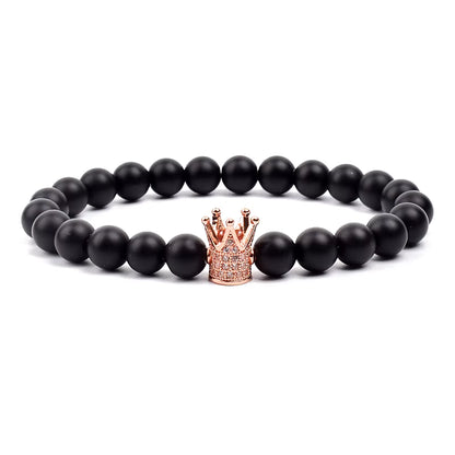 Crown Charm Beaded Bracelet Matte Black Onyx Hematite with Micro CZ