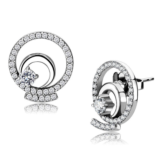 DA069 - High polished (no plating) Stainless Steel Earrings with AAA Grade CZ  in Clear-0