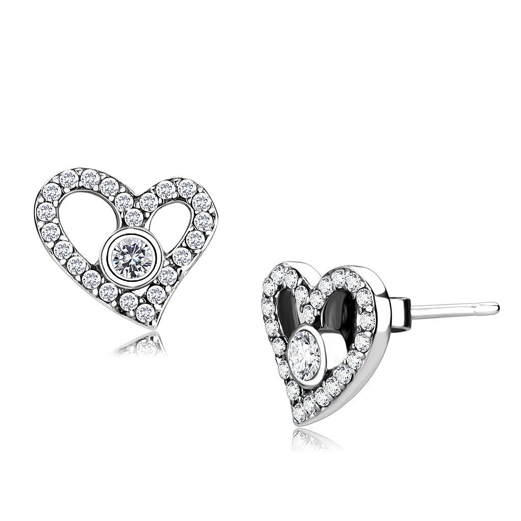 DA075 - High polished (no plating) Stainless Steel Earrings with AAA Grade CZ  in Clear-0