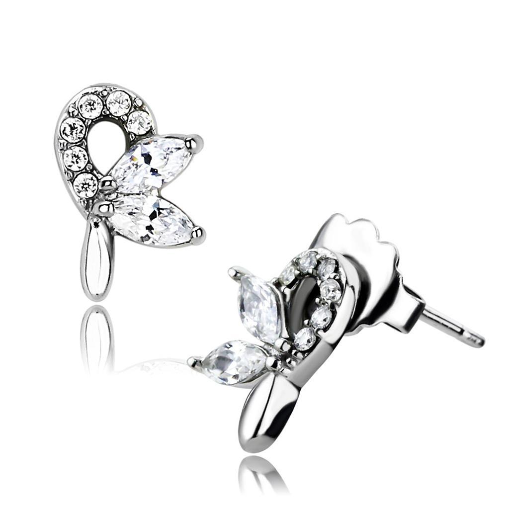 DA087 - High polished (no plating) Stainless Steel Earrings with AAA Grade CZ  in Clear-0