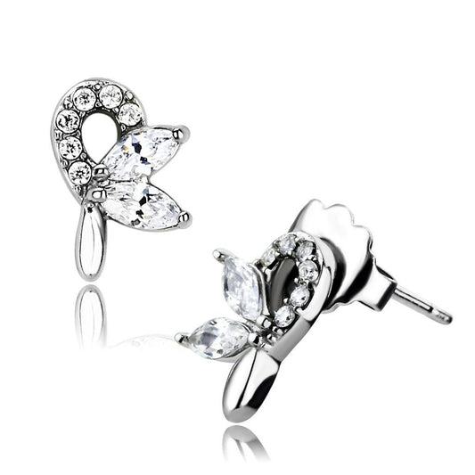 DA087 - High polished (no plating) Stainless Steel Earrings with AAA Grade CZ  in Clear-0