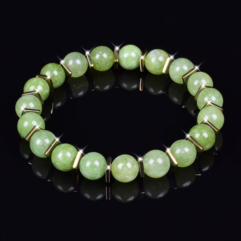 Green Jade Beaded Bracelet Stretch 8mm Natural Stone Unisex Gold