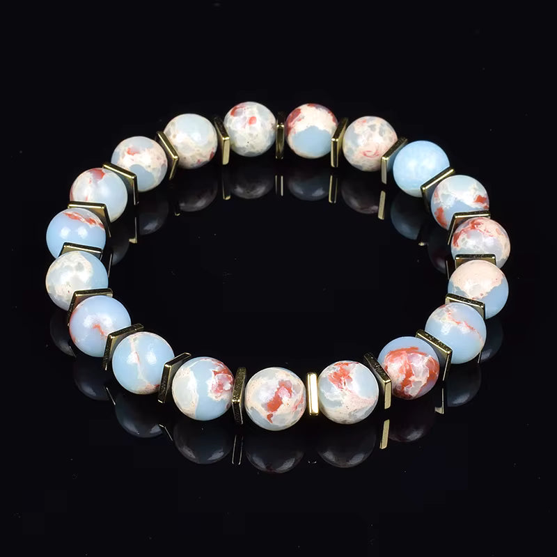 Green Jade Beaded Bracelet Stretch 8mm Natural Stone Unisex Gold