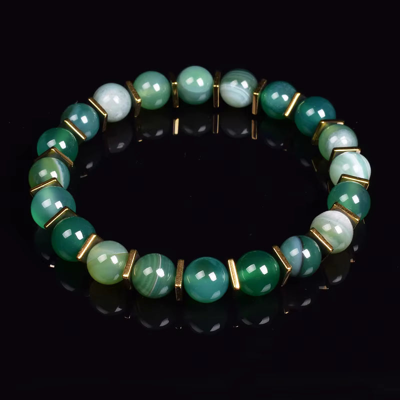 Green Jade Beaded Bracelet Stretch 8mm Natural Stone Unisex Gold