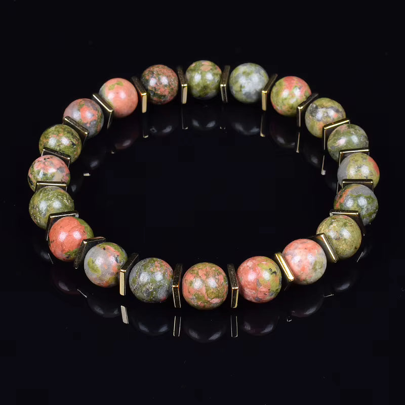 Green Jade Beaded Bracelet Stretch 8mm Natural Stone Unisex Gold