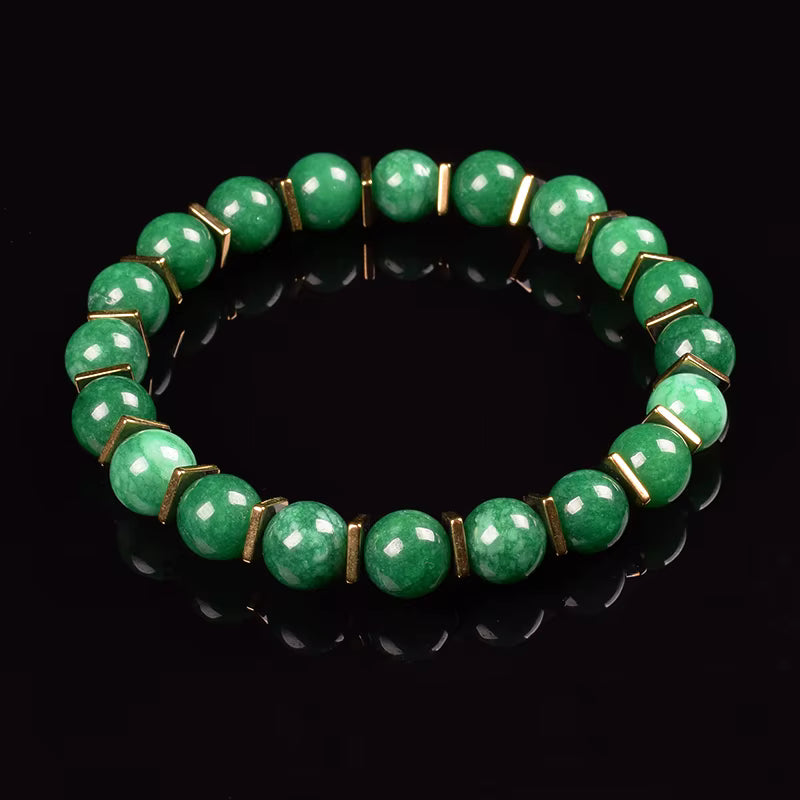 Green Jade Beaded Bracelet Stretch 8mm Natural Stone Unisex Gold