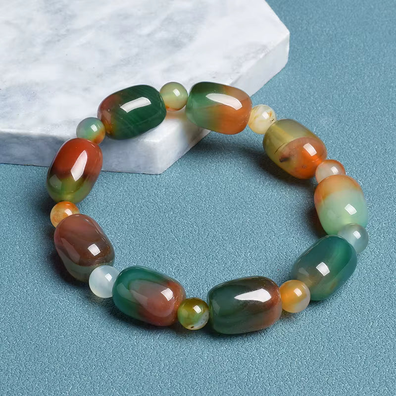 Green Peacock Agate Bracelet Women's Drum Barrel 10 to 14mm Elastic