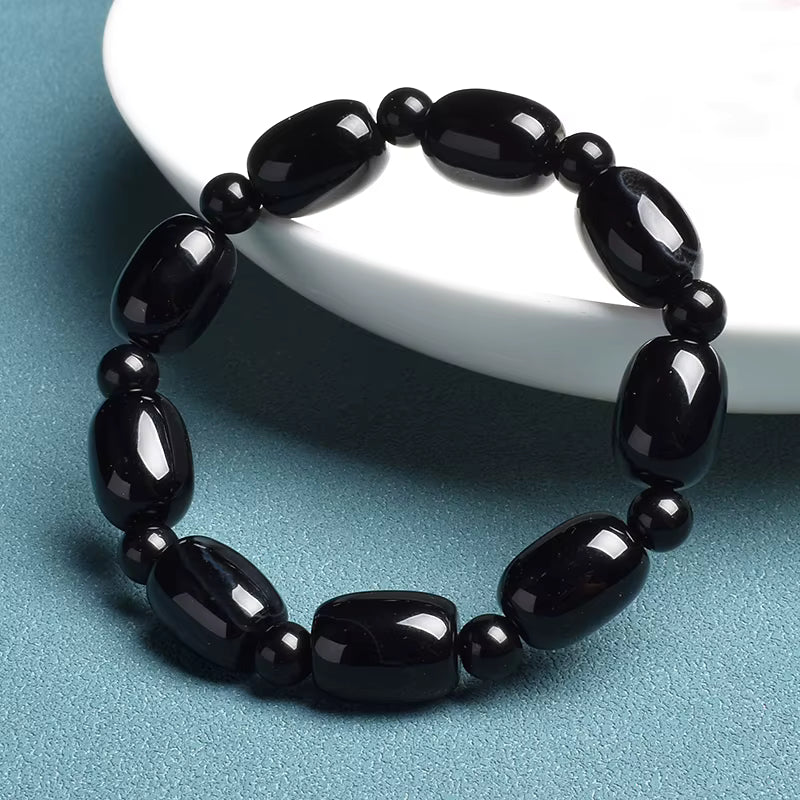 Green Peacock Agate Bracelet Women's Drum Barrel 10 to 14mm Elastic