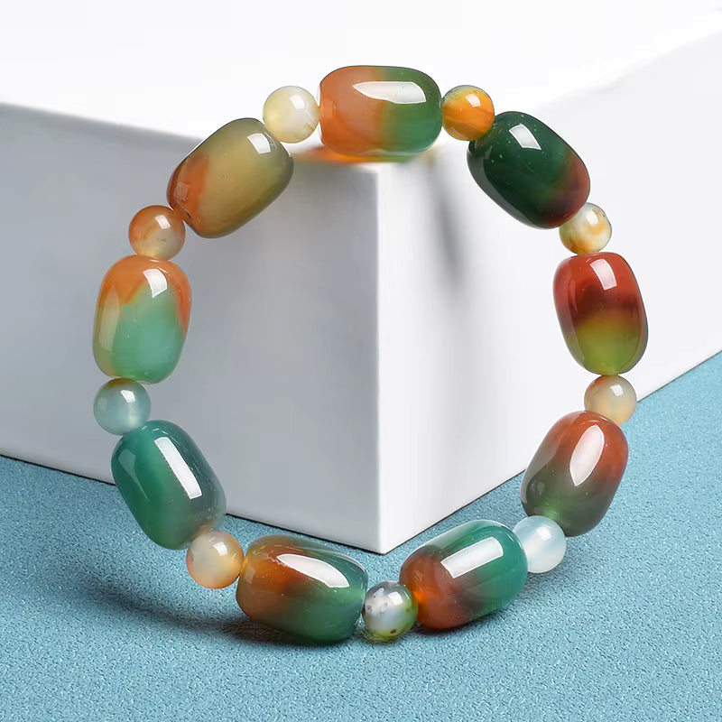 Green Peacock Agate Bracelet Women's Drum Barrel 10 to 14mm Elastic