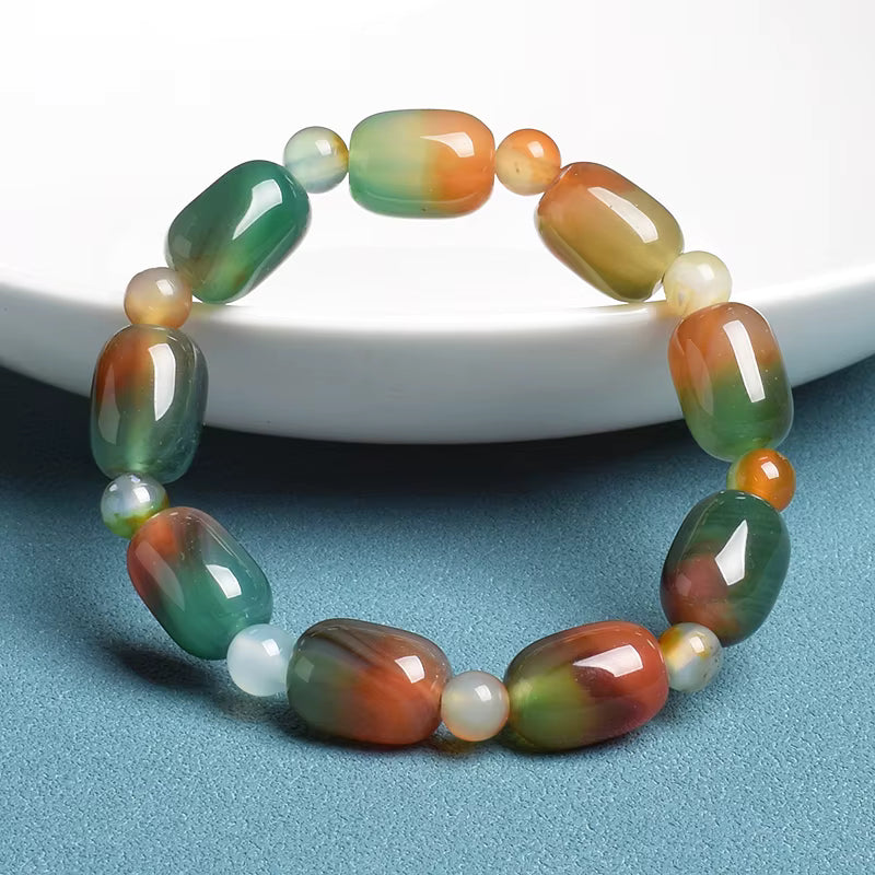 Green Peacock Agate Bracelet Women's Drum Barrel 10 to 14mm Elastic