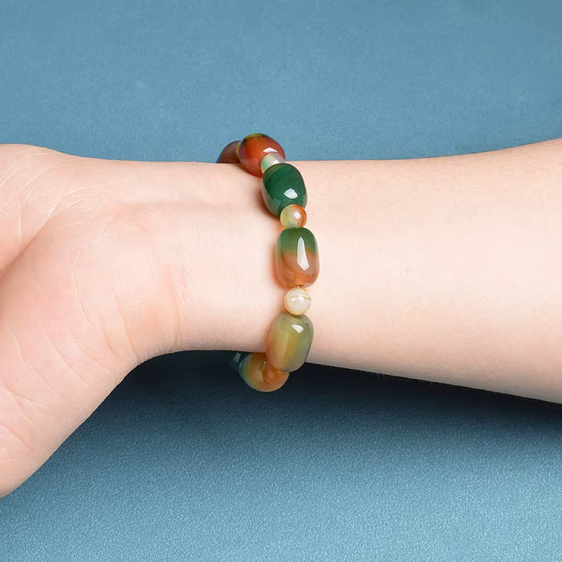 Green Peacock Agate Bracelet Women's Drum Barrel 10 to 14mm Elastic