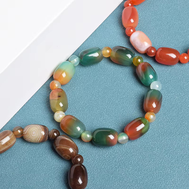 Green Peacock Agate Bracelet Women's Drum Barrel 10 to 14mm Elastic