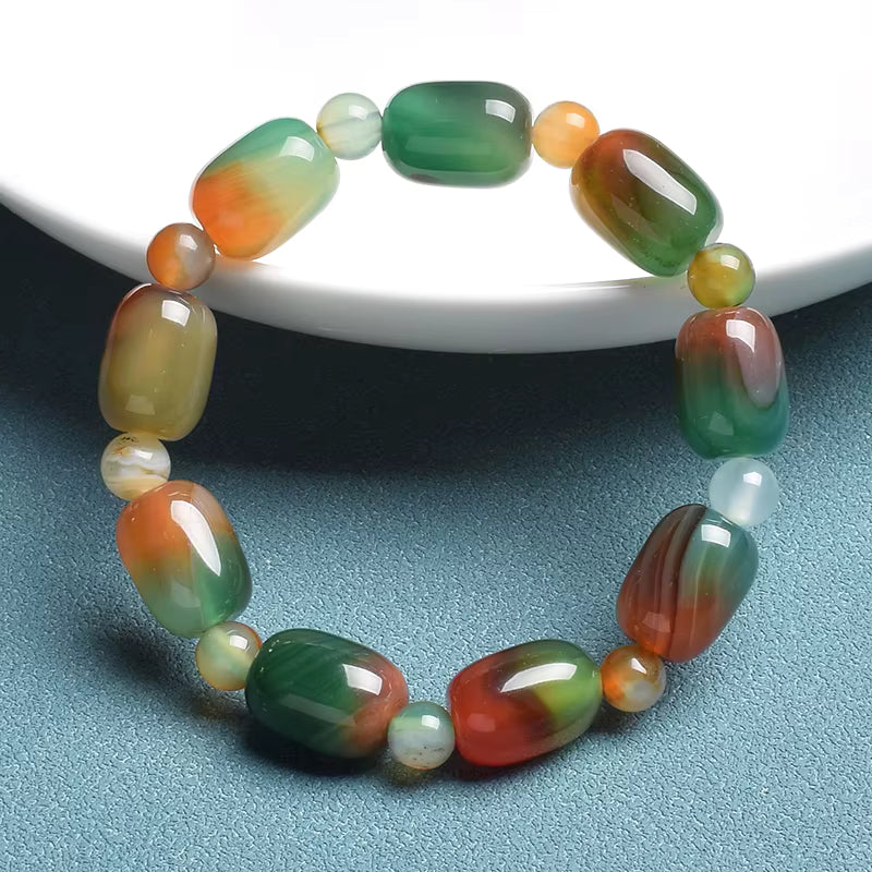 Green Peacock Agate Bracelet Women's Drum Barrel 10 to 14mm Elastic