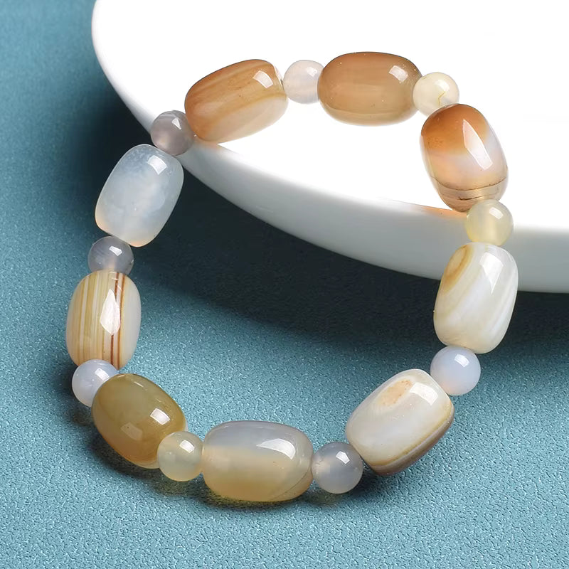 Green Peacock Agate Bracelet Women's Drum Barrel 10 to 14mm Elastic