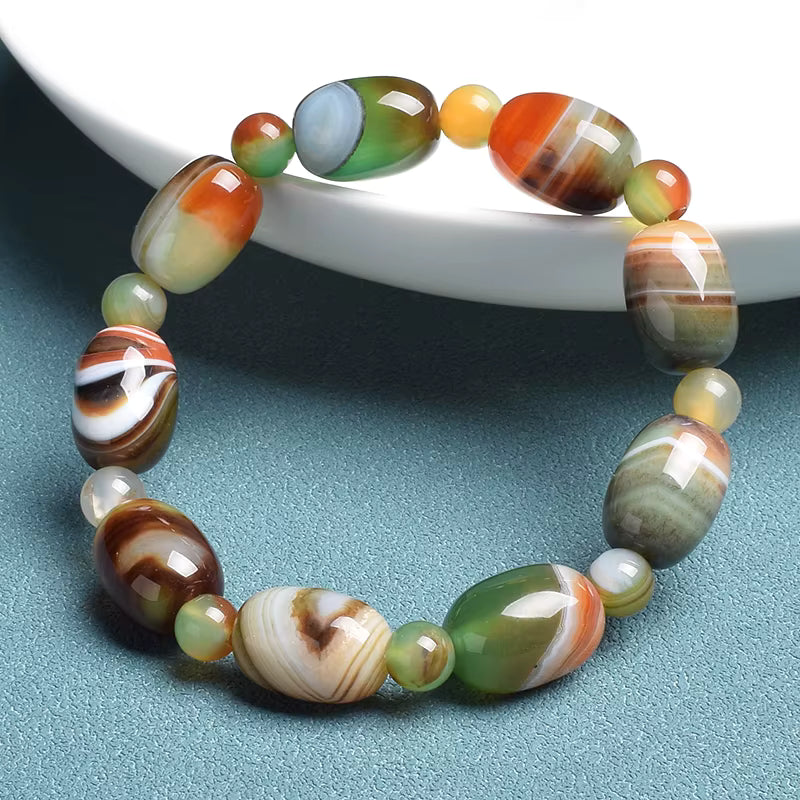 Green Peacock Agate Bracelet Women's Drum Barrel 10 to 14mm Elastic