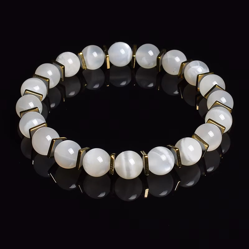 Labradorite Beaded Bracelet Grey with Golden Hematite 8mm Unisex
