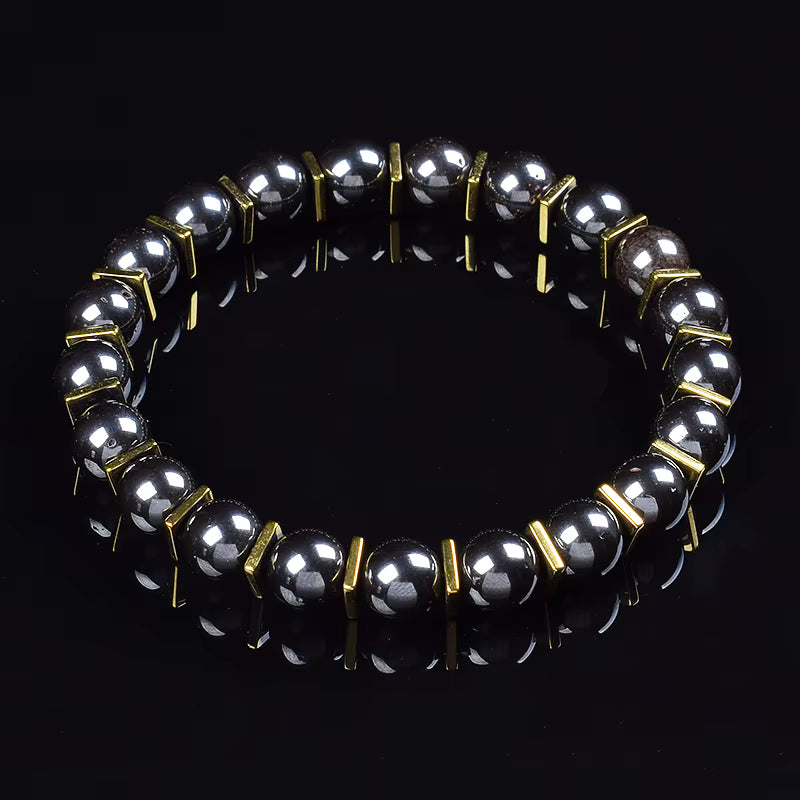 Labradorite Beaded Bracelet Grey with Golden Hematite 8mm Unisex