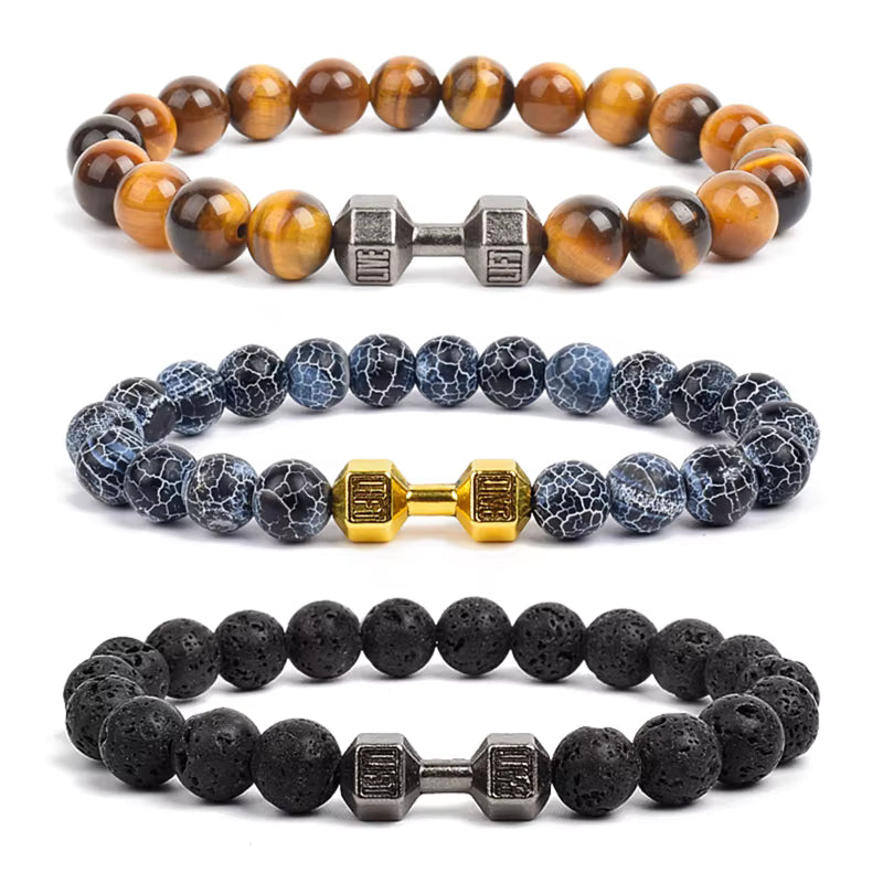 Men's Dumbbell Beaded Bracelet Natural Black Lava Stone Zaleno