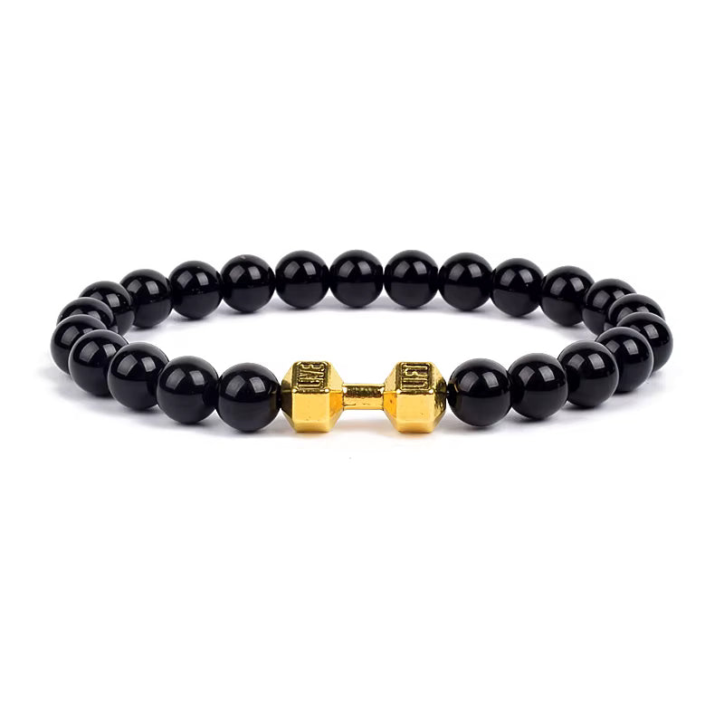 Men's Dumbbell Beaded Bracelet Natural Black Lava Stone Zaleno