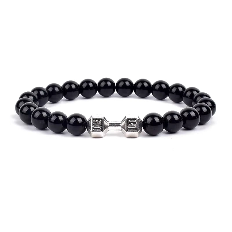 Men's Dumbbell Beaded Bracelet Natural Black Lava Stone Zaleno