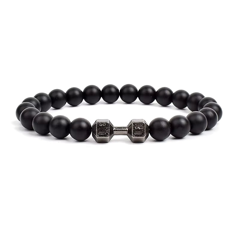 Men's Dumbbell Beaded Bracelet Natural Black Lava Stone Zaleno