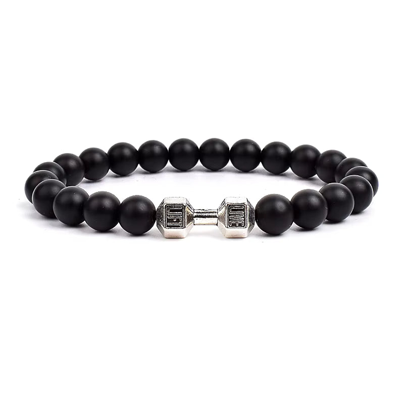 Men's Dumbbell Beaded Bracelet Natural Black Lava Stone Zaleno
