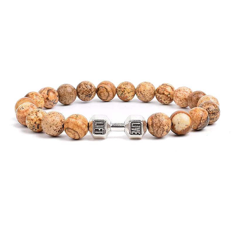Men's Dumbbell Beaded Bracelet Natural Black Lava Stone Zaleno
