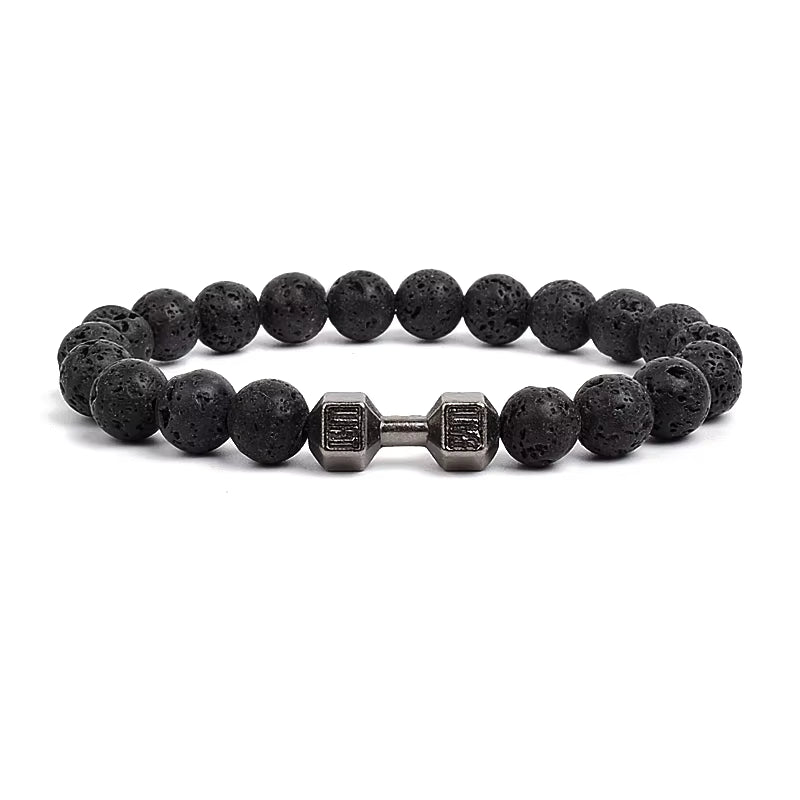 Men's Dumbbell Beaded Bracelet Natural Black Lava Stone Zaleno